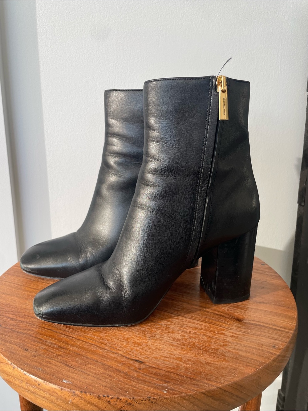 Michael Kors Black Leather Ankle Booties with Block Heel and Gold Zip